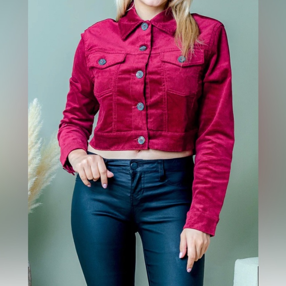 NWOT burgundy corduroy crop jacket Military style jacket with pockets - Picture 2 of 12